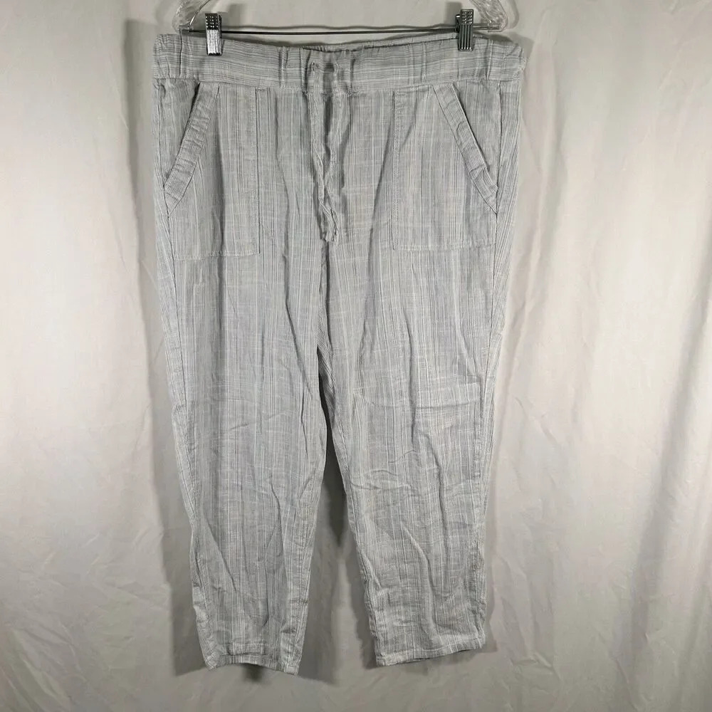Caffe Marrakesh Pants Women's Large White Striped Linen Blend Pull On Drawstring